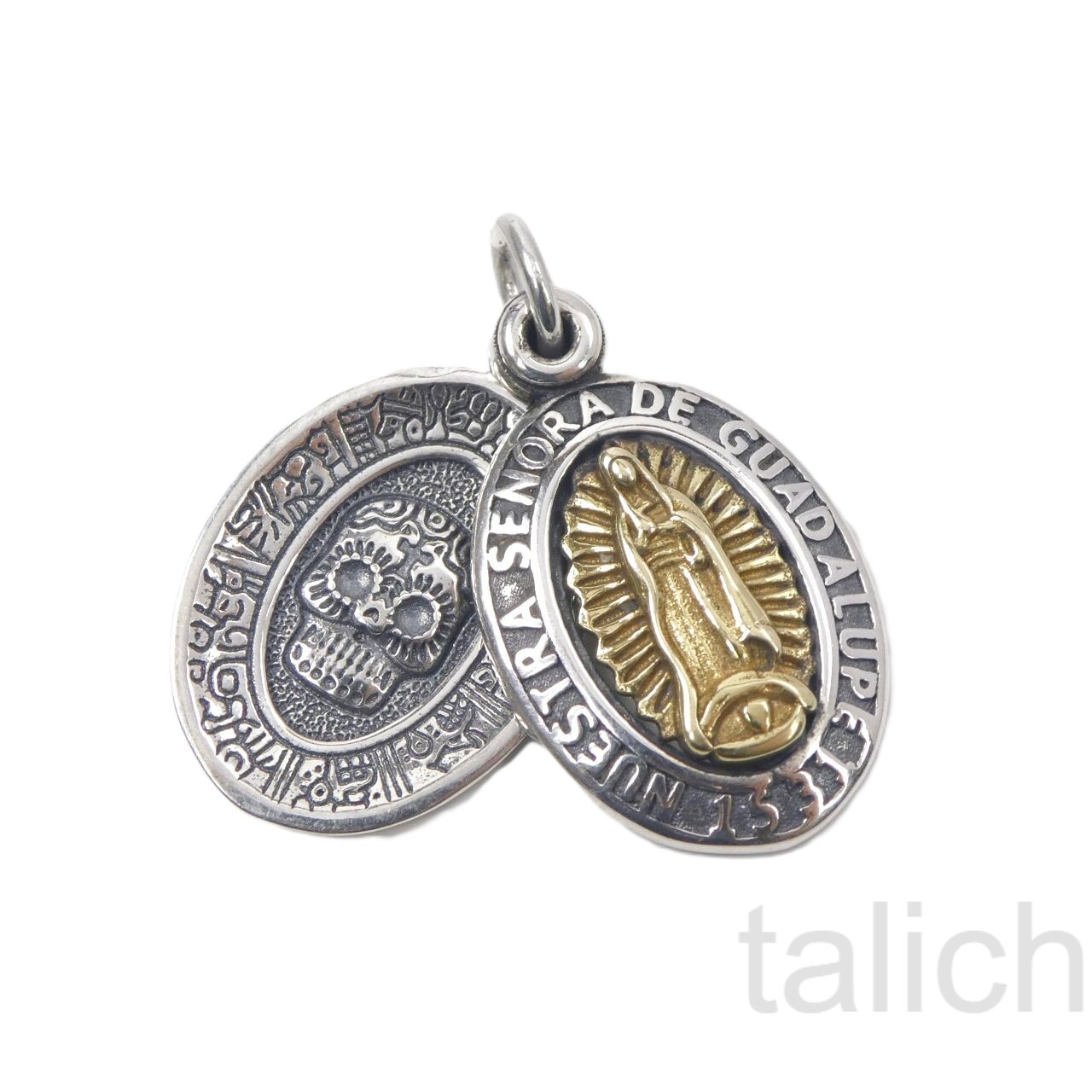 Sterling Silver Virgin Mary Our Lady of Guadalupe & Skull Double Charm Pendant