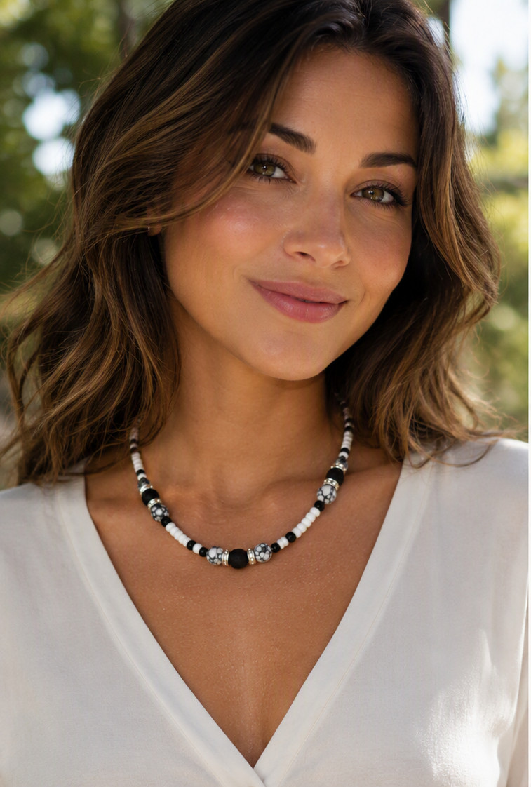 Custom Black and White Beaded Necklace with Silver Accents