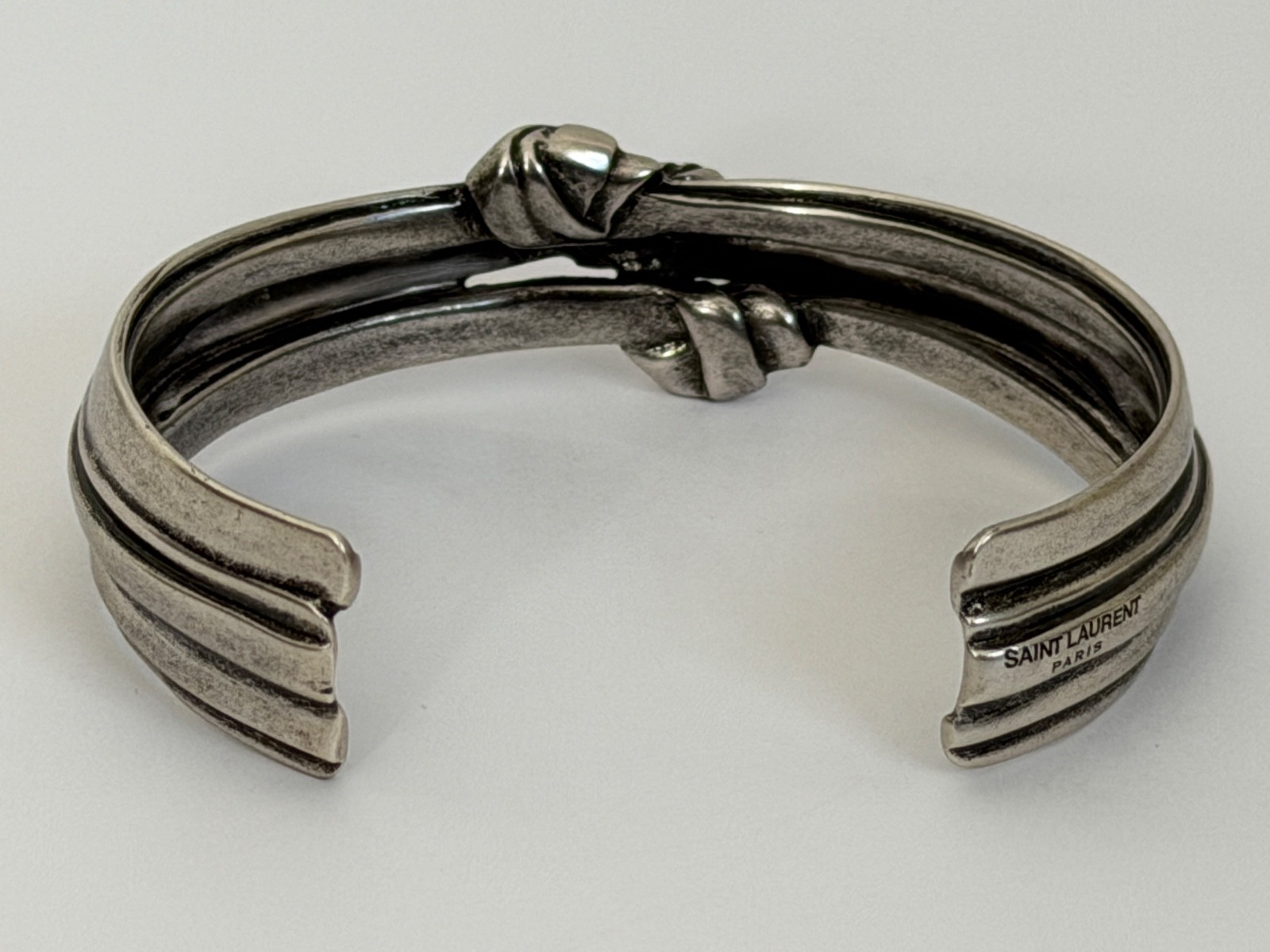 NWT Saint Laurent YSL Triple Knotted Antique Silver Brass Cuff Bracelet L $895