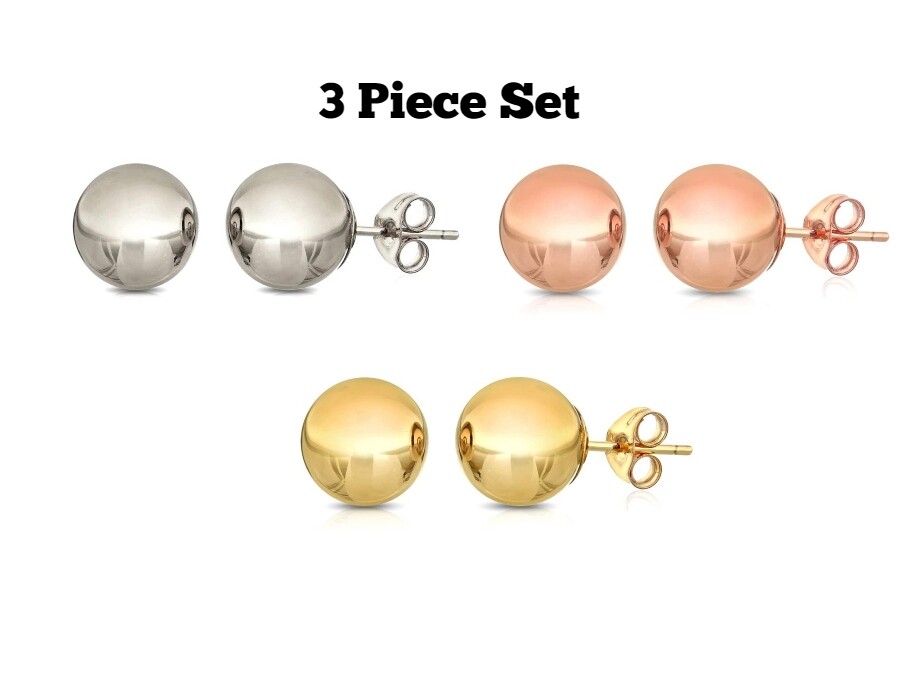 925 Sterling Silver Round Ball Stud Earrings High Polished 3PC Studs Set