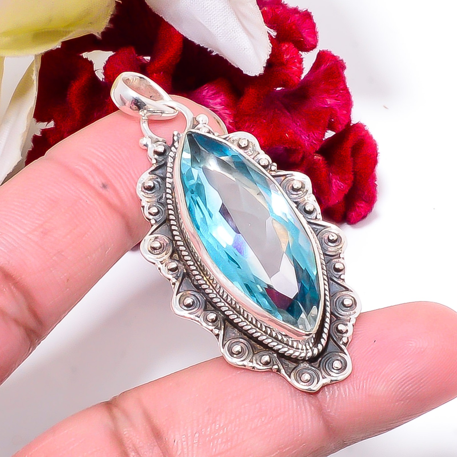 Blue Topaz 925 Sterling Silver Jewelry Bali Pendant 2.26 Sk60, Christmas Gift