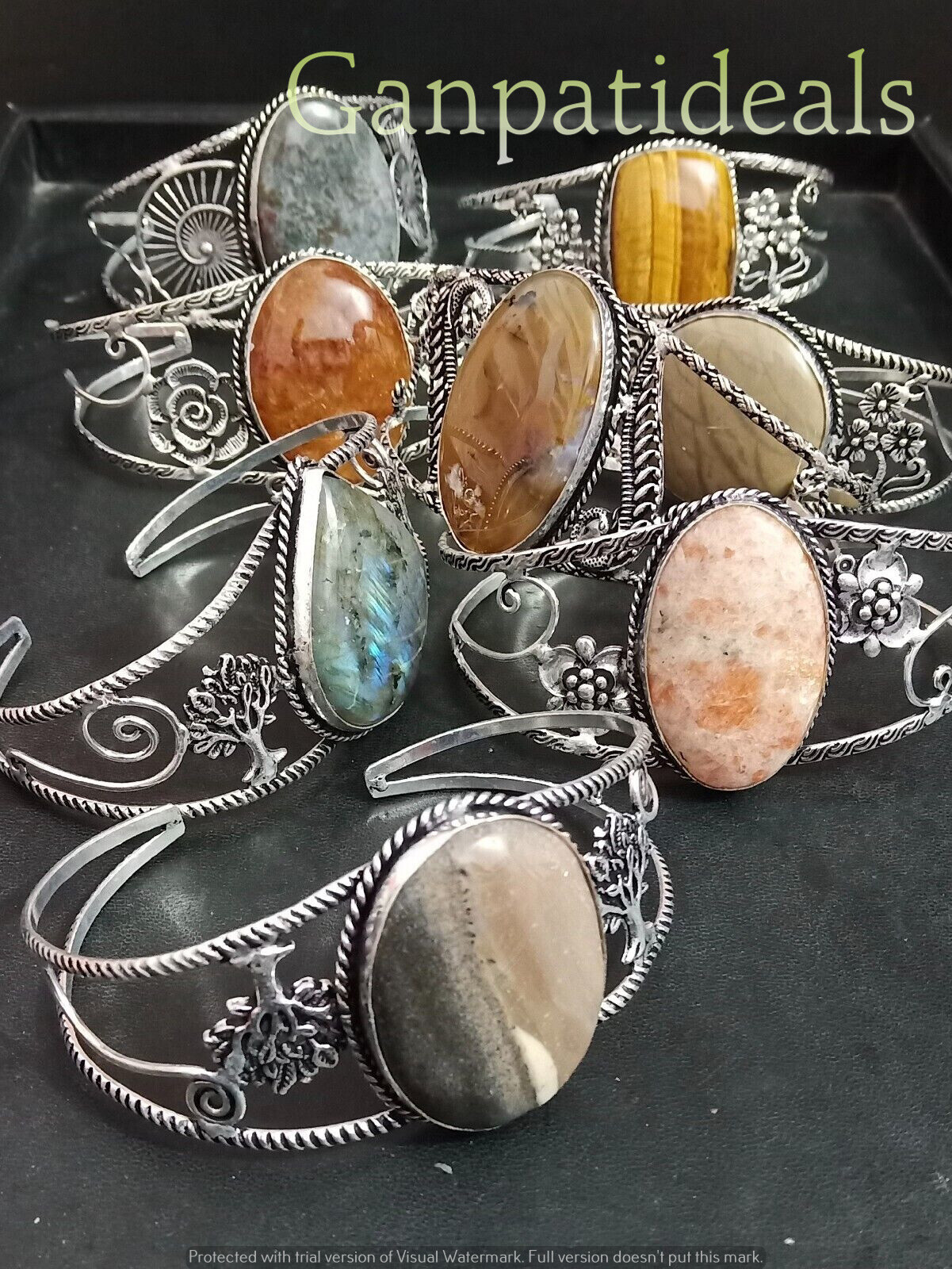 100Pcs Jasper & Mixed Adjustable Cuff Bangles Lot Mix Gemstone 925 Silver Plated