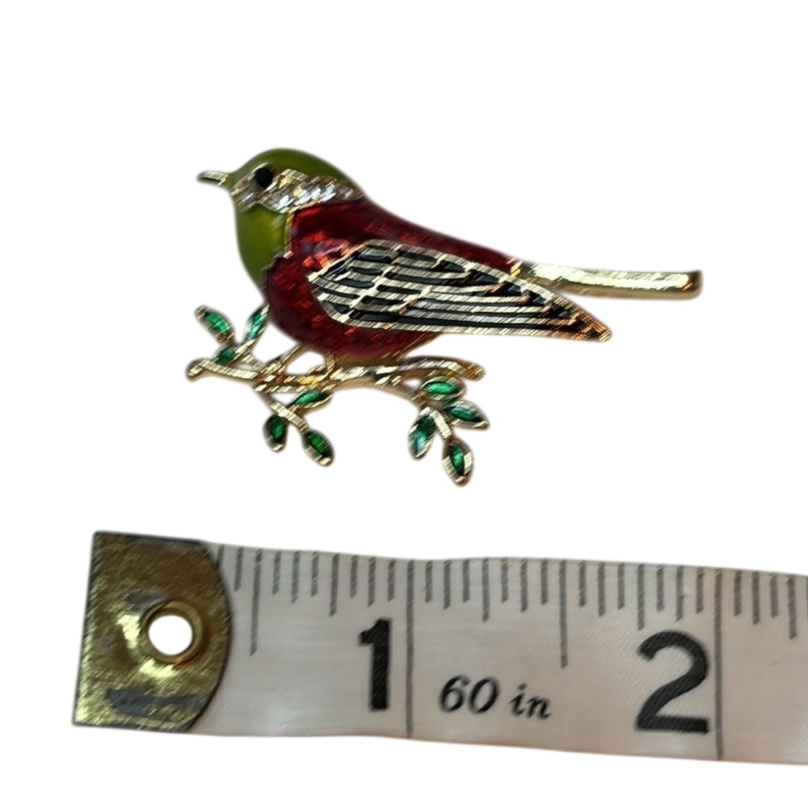Vintage Enamel Robin Bird Brooch Red Green Gold Tone Rhinestone Accent Pin