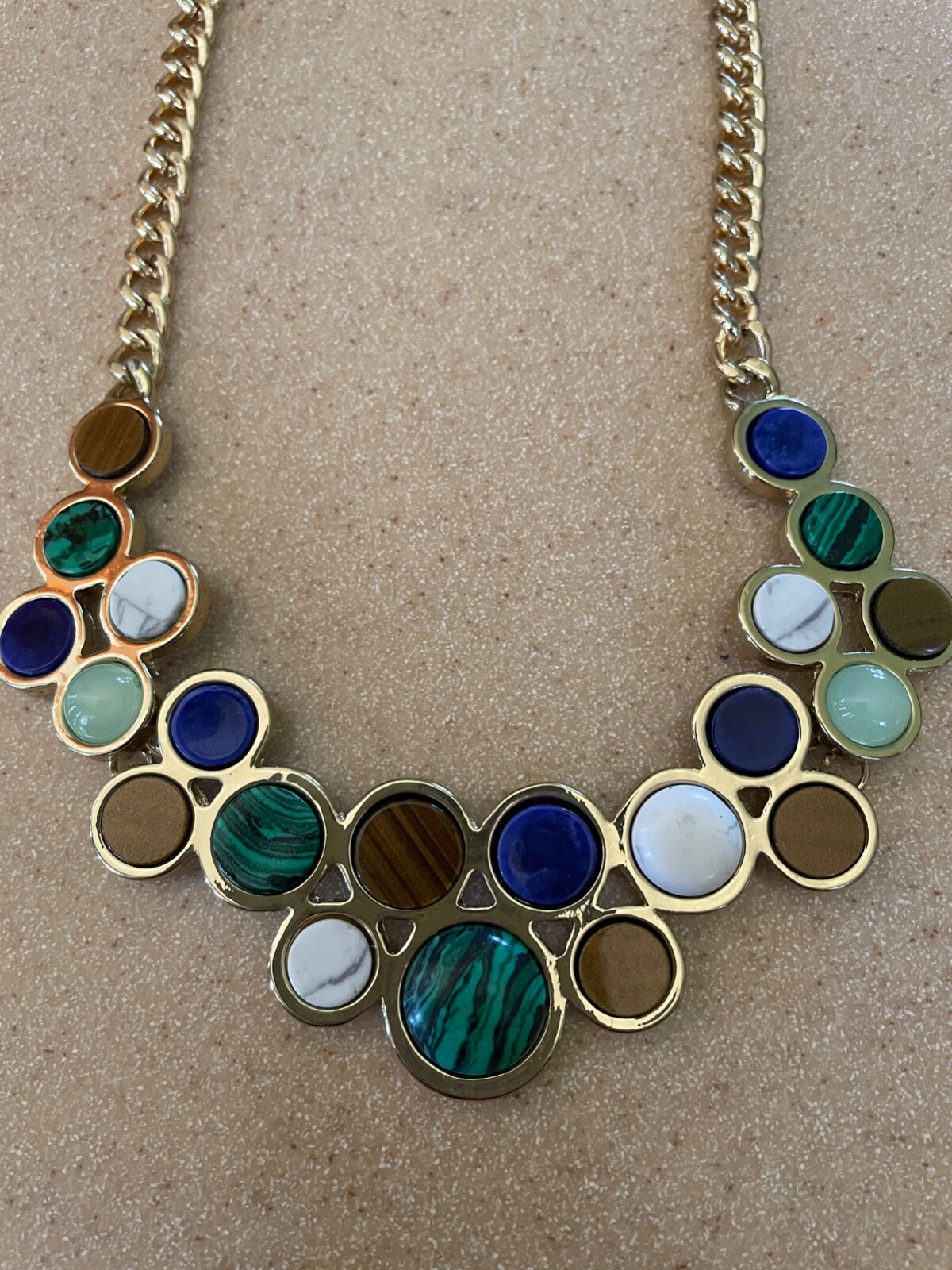 NWT Apt. 9 Statement Necklace Round Semi Precious stone Blue Gold White ME12