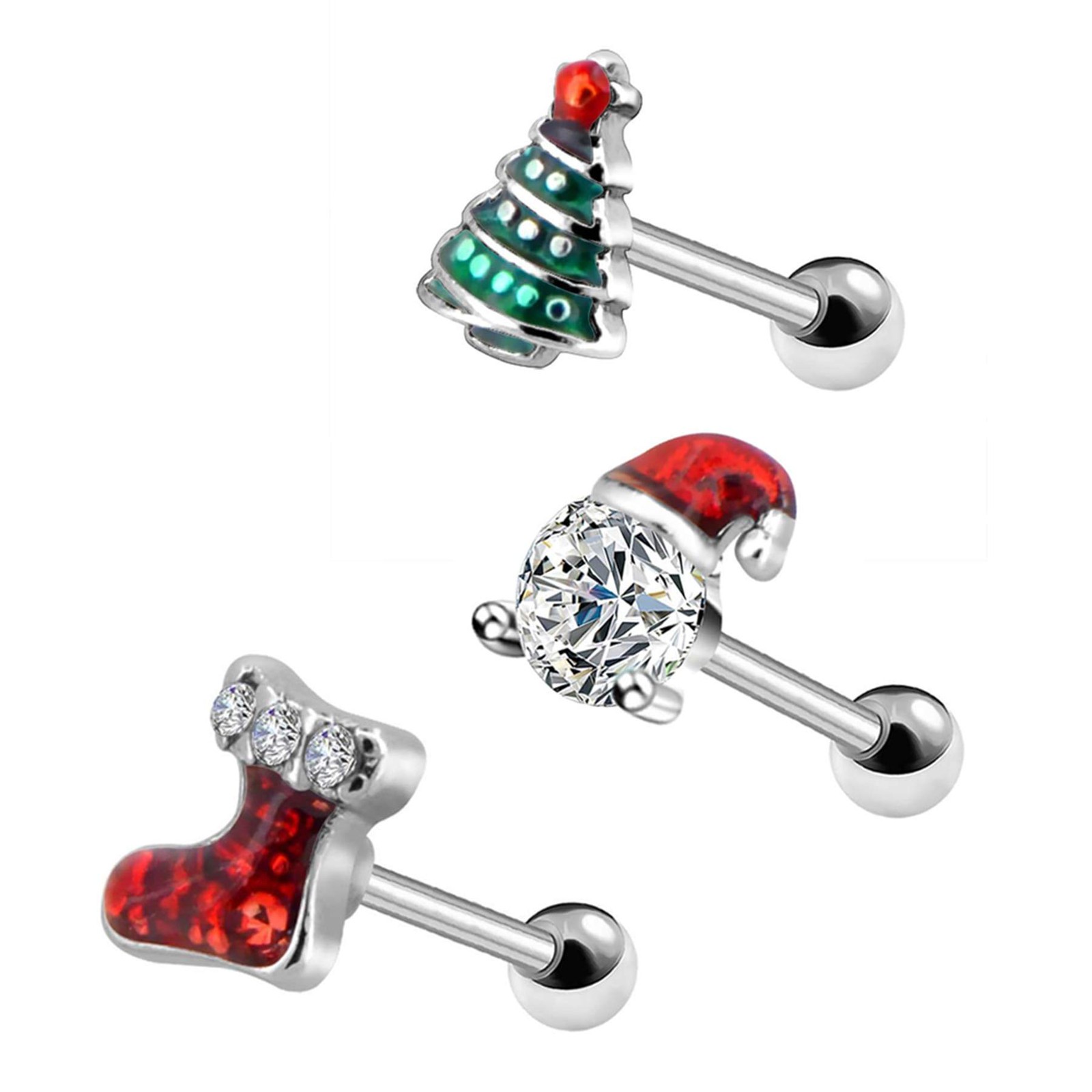 3PCS Christmas Tragus Earrings Cartilage Stud, 316L Surgical Steel, 16G 6MM