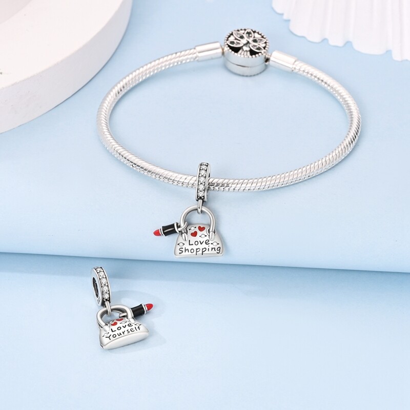 MULA 925 Sterling Silver Charm AAA CZ Lipstick Dangle Handbag fit Bracelet Chain