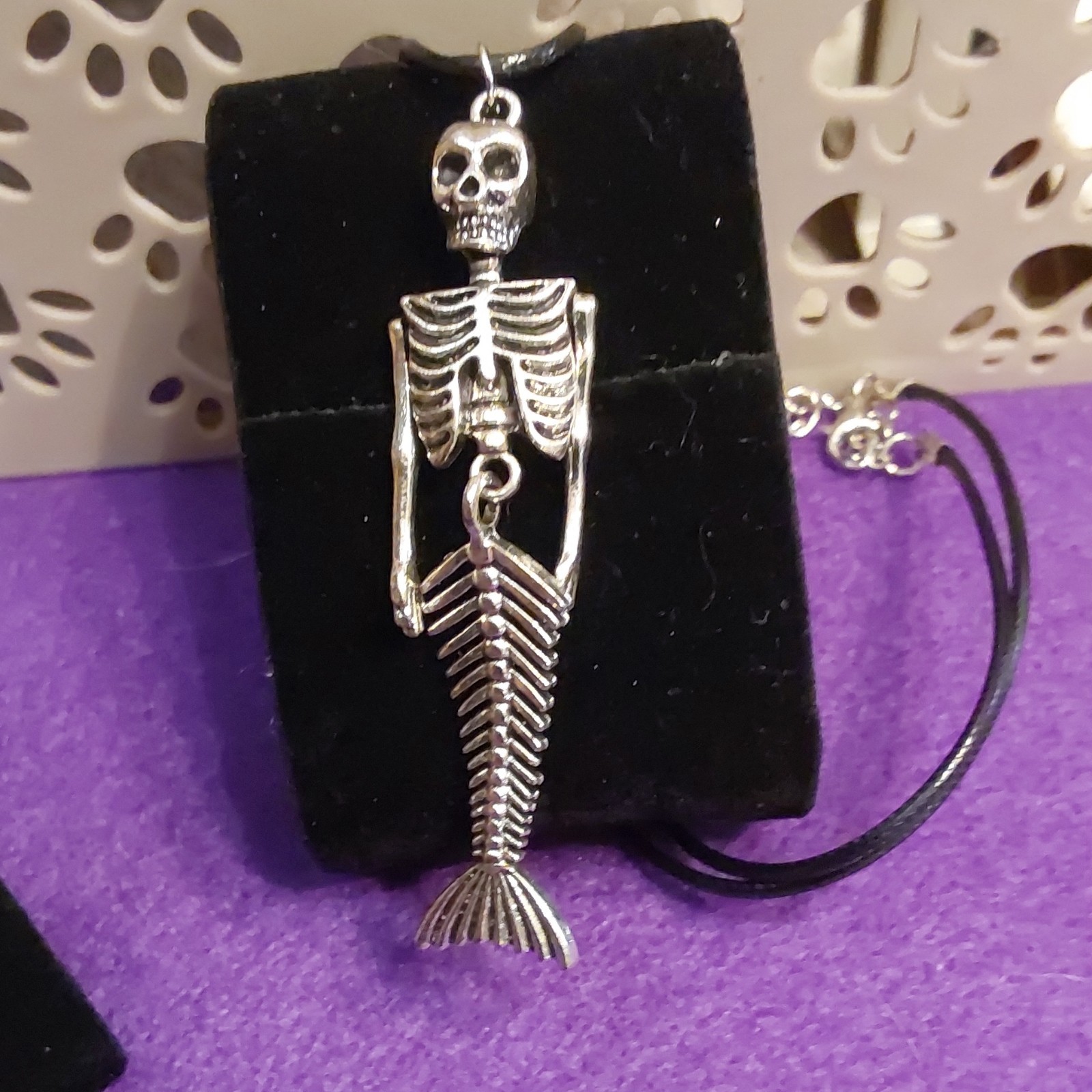 Silver Tone Skeleton Mermaid Charm Pendant Necklace Black Cord Gothic No Stone