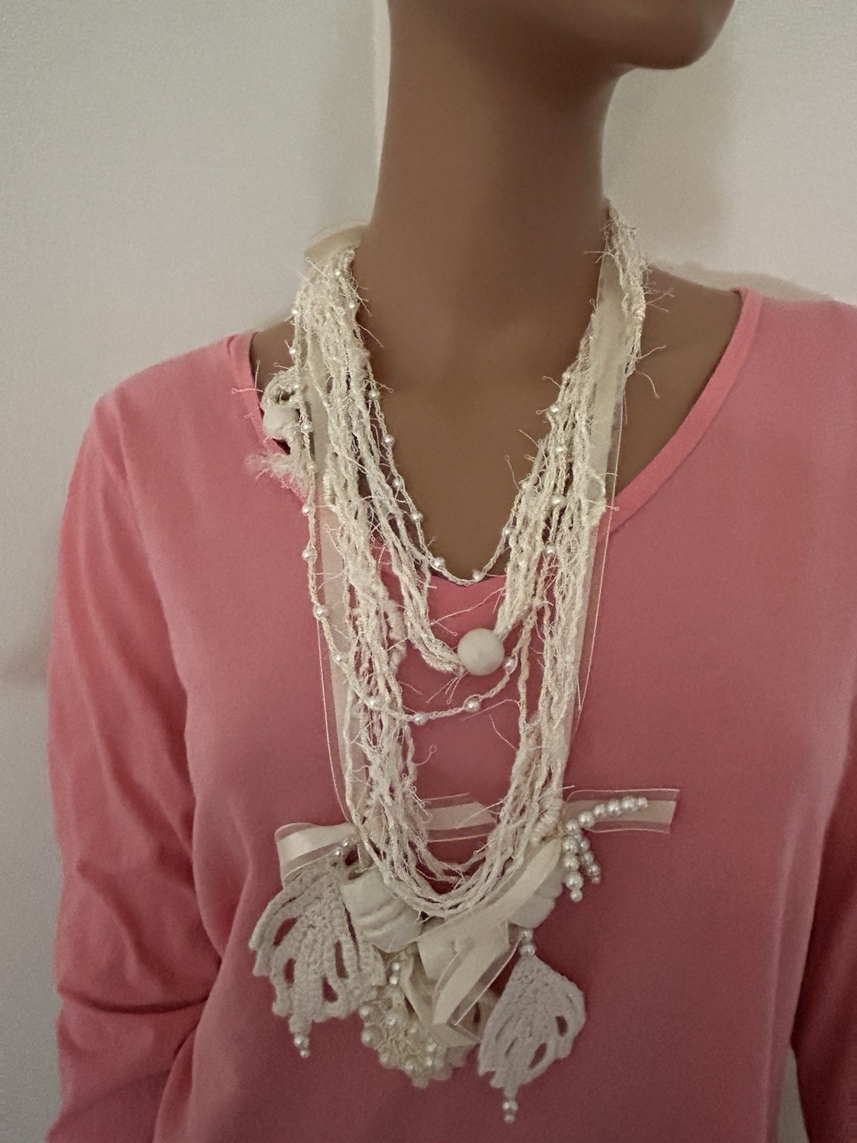 Ivory Layered Beaded Bib Charm Necklace Fabric Ribbon Bohemian Statement