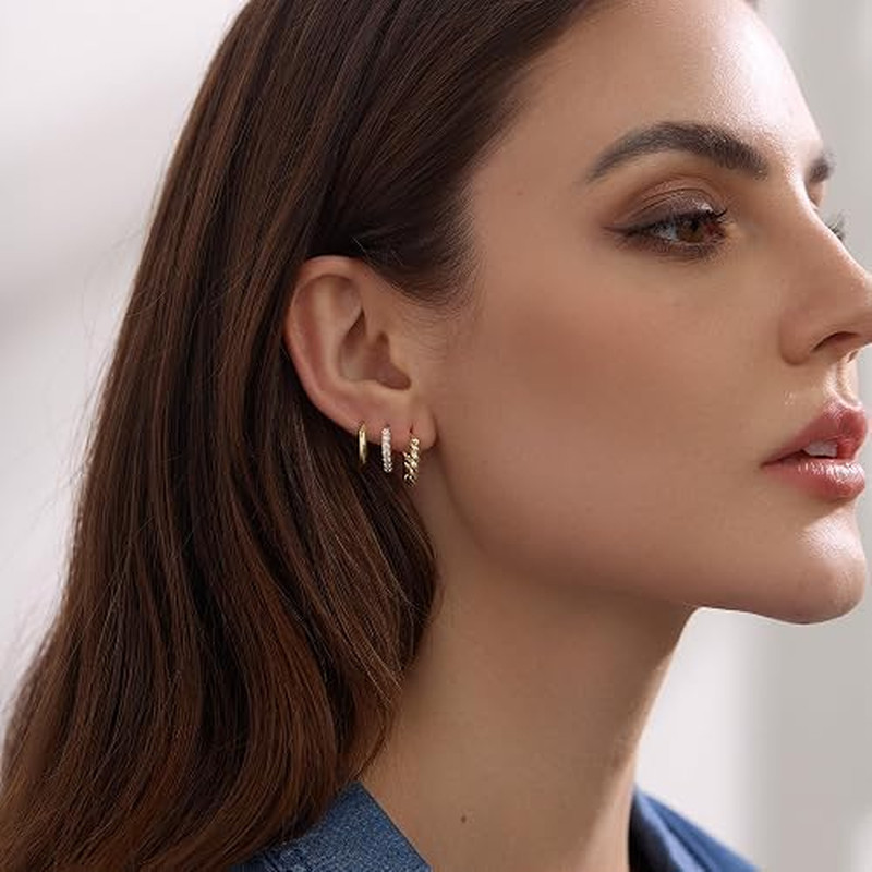3 Pairs Small Huggie Hoop Earrings Set 14K Gold Hypoallergenic Lightweight Huggi