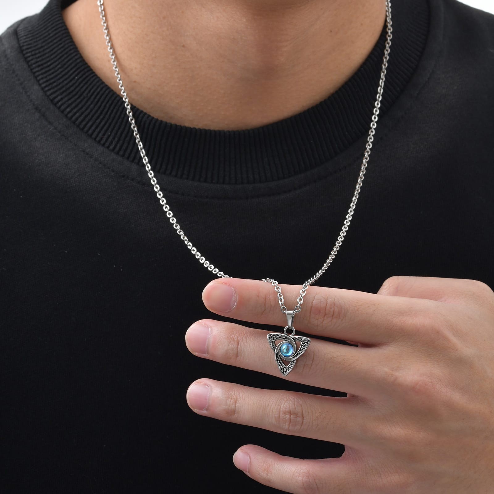Blue Stone Pendant Necklace Stainless Steel Triangle Knot Chain Vintage Gothic