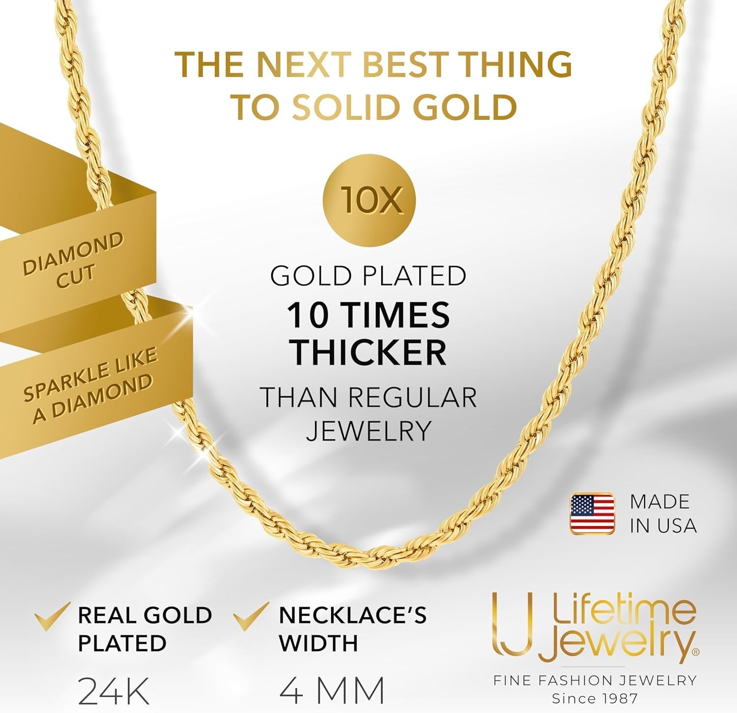 Versatile 24K Gold Plated Diamond Cut Rope Chain for Men & Women – 4mm, 16-30