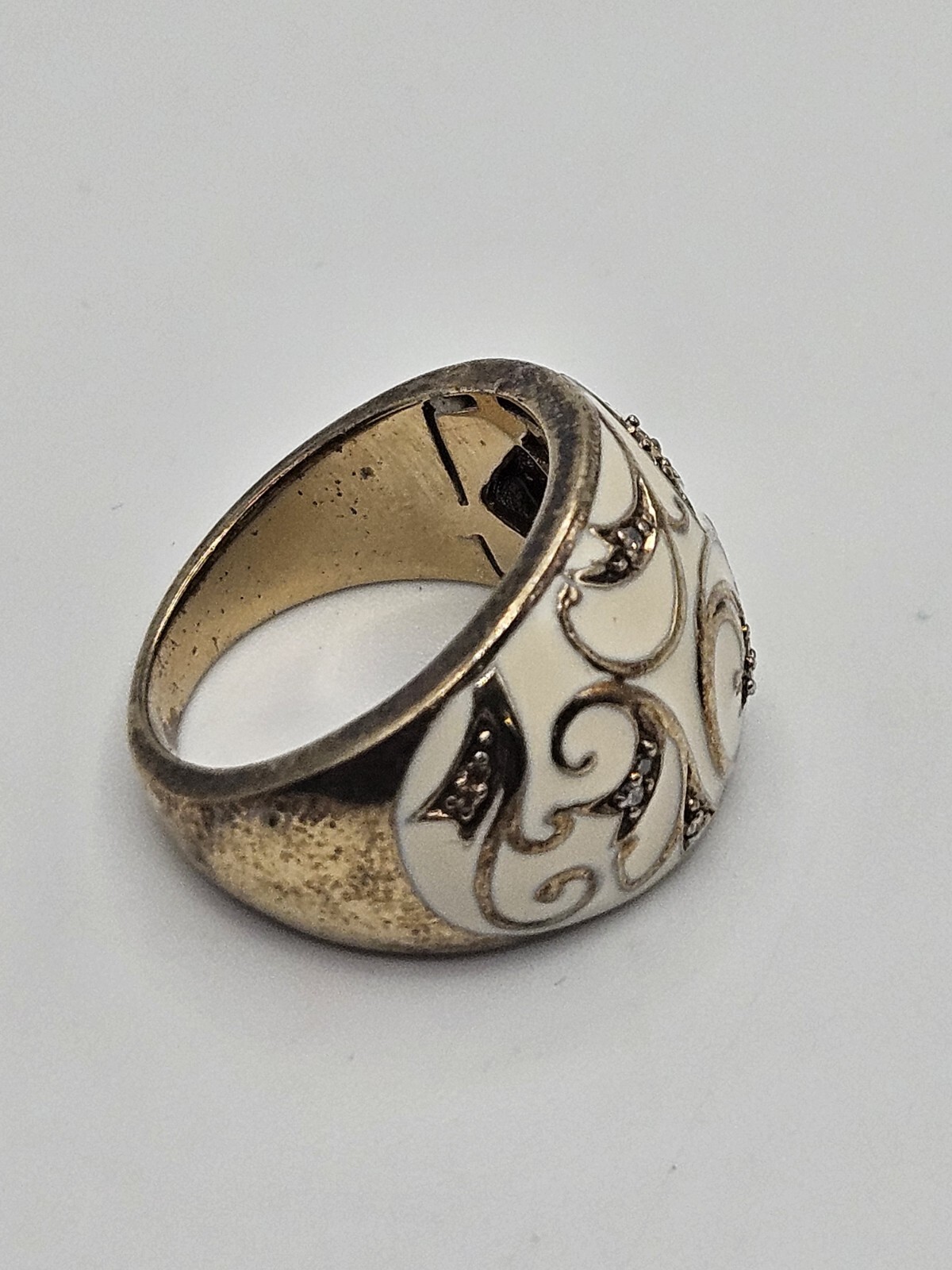 Sterling Silver Scroll Ivory Enamel Clear CZ Dome Ring Size 6 Signed ZRW