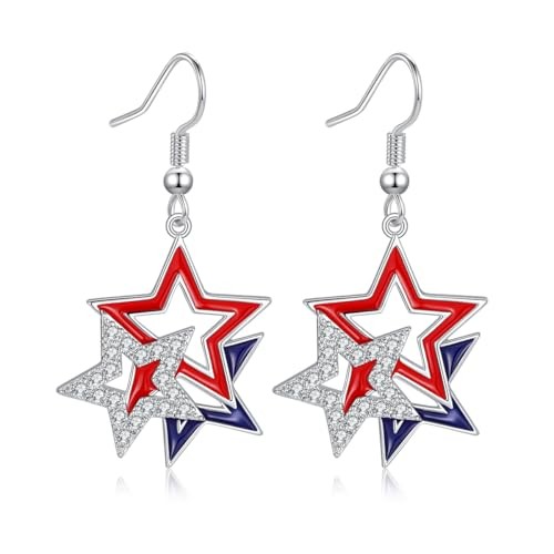 4th of July Earrings for Women – Patriotic Red White and Blue Dangle Star