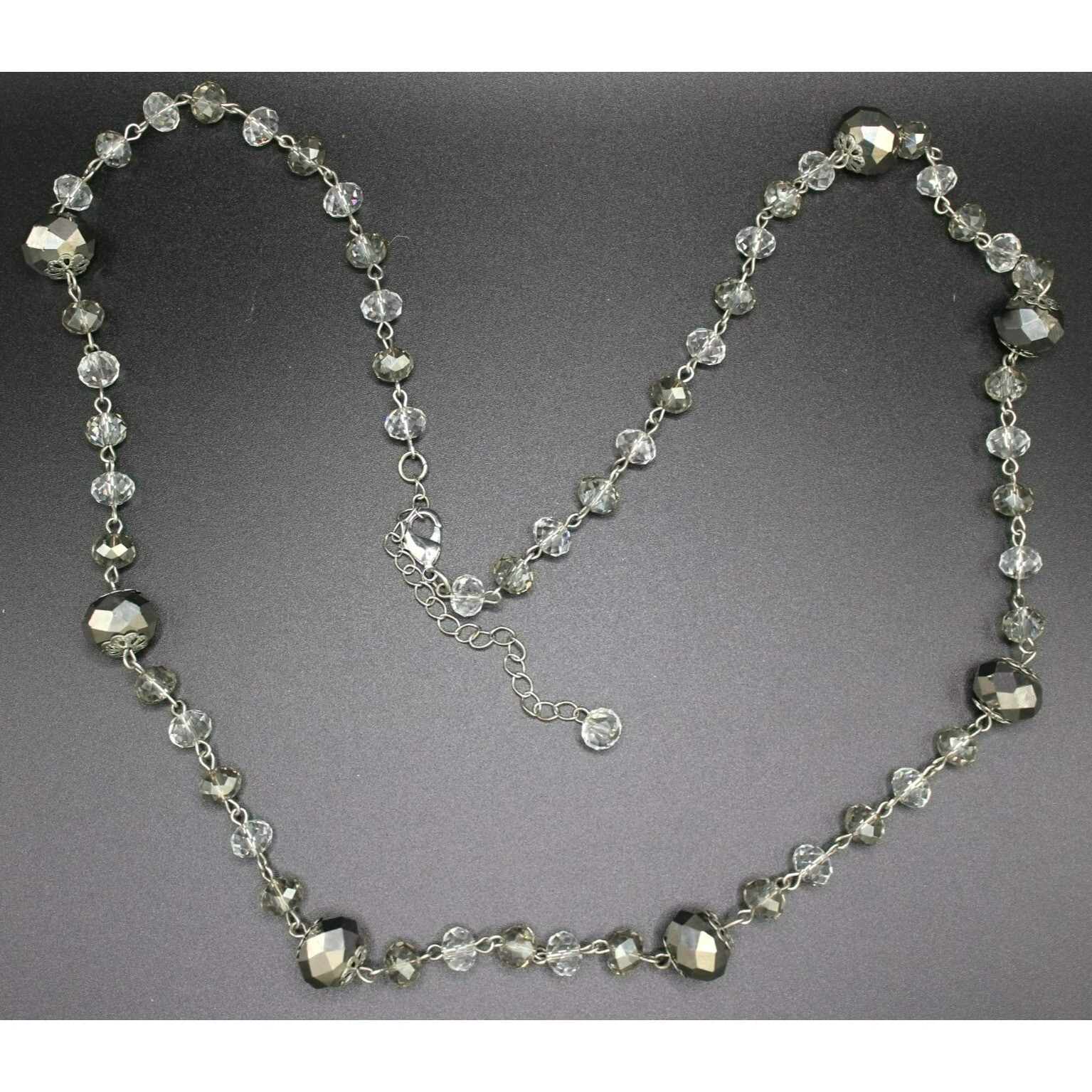 Glass Silver Gray Clear Faceted Beads Silver Tone Long Necklace 15″ Silver Tone