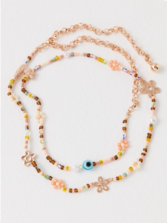 FREE PEOPLE Beaded Flower and Evil Eye Layered BELLY Chain Necklace Belt NWOT