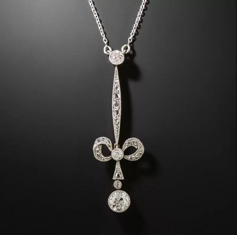 Edwardian Bow Knot Wedding Necklace 10K White Gold 2.4 Ct Simulated Diamond