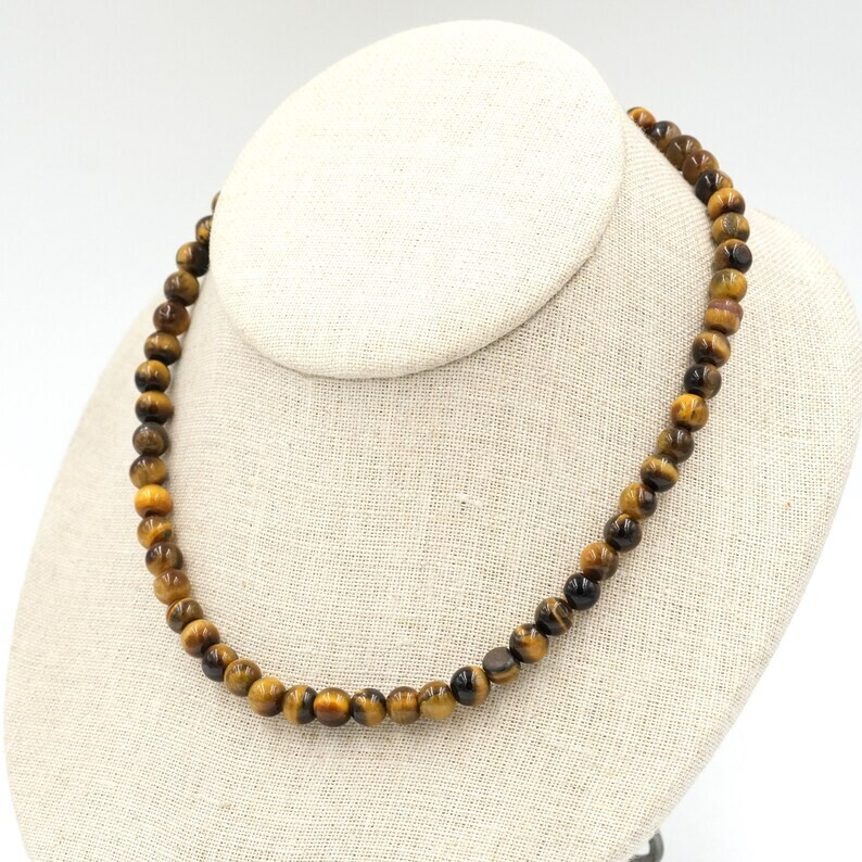 Genuine Tiger’s Eye Smooth Round Gemstone Beaded Self Confidence Necklaces 24”