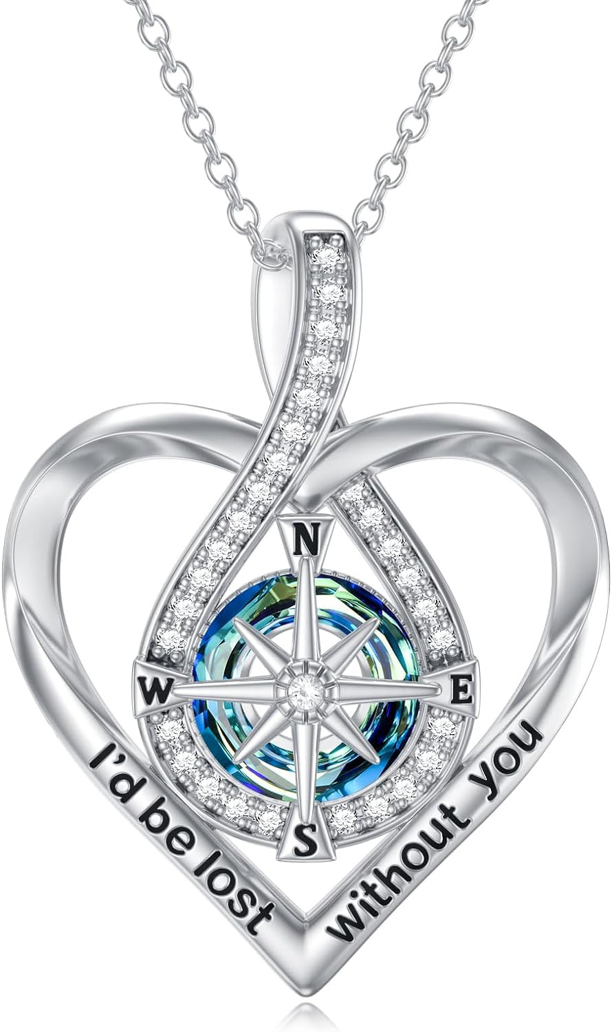Crystal Compass Necklace for Women Sterling Silver I’d Be Lost Without U Pendant
