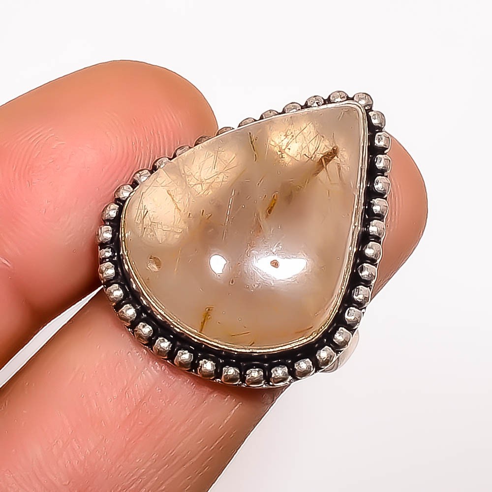 Natural Golden Rutilated Quartz – Bahia 925 Silver Plated Ring s.8.5 TR33-179