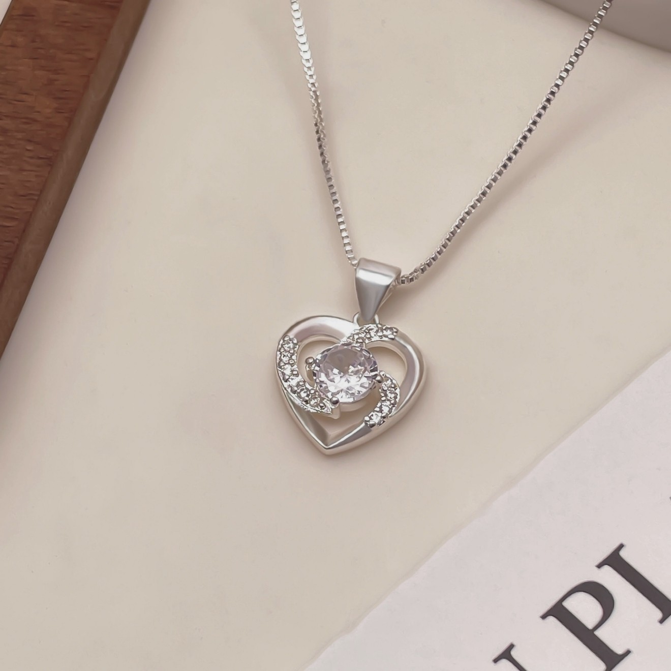 Sparkling CZ Center Vortex Surrounding Heart Charm Classic Box Chain Necklace