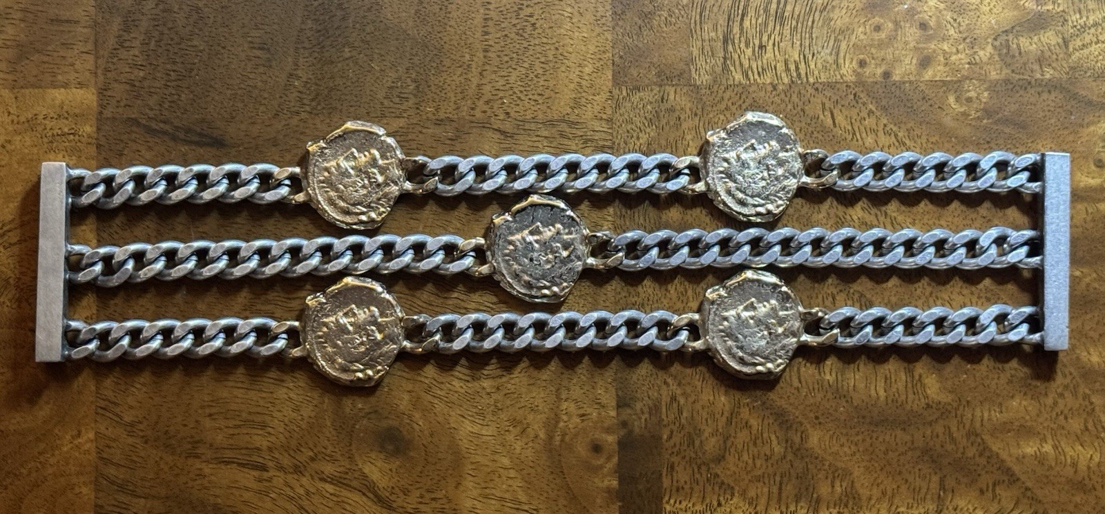Tat2 Designs 3-Strand Heavy Curb Chain Bracelet with Roman Style Coins
