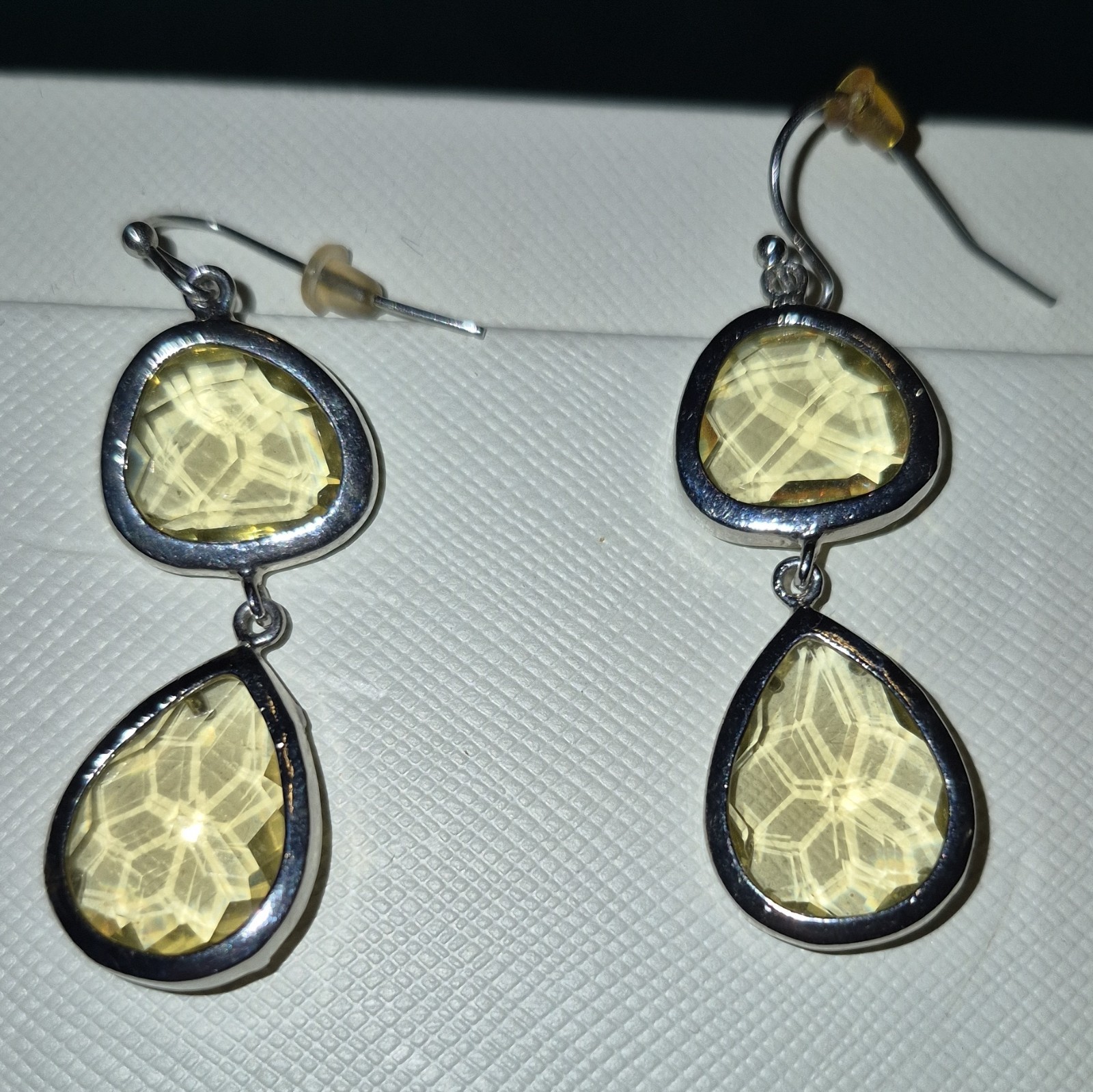Silver Tone Double Drop Dangle Hook Earrings w/ Yellow Teardrop Crystals