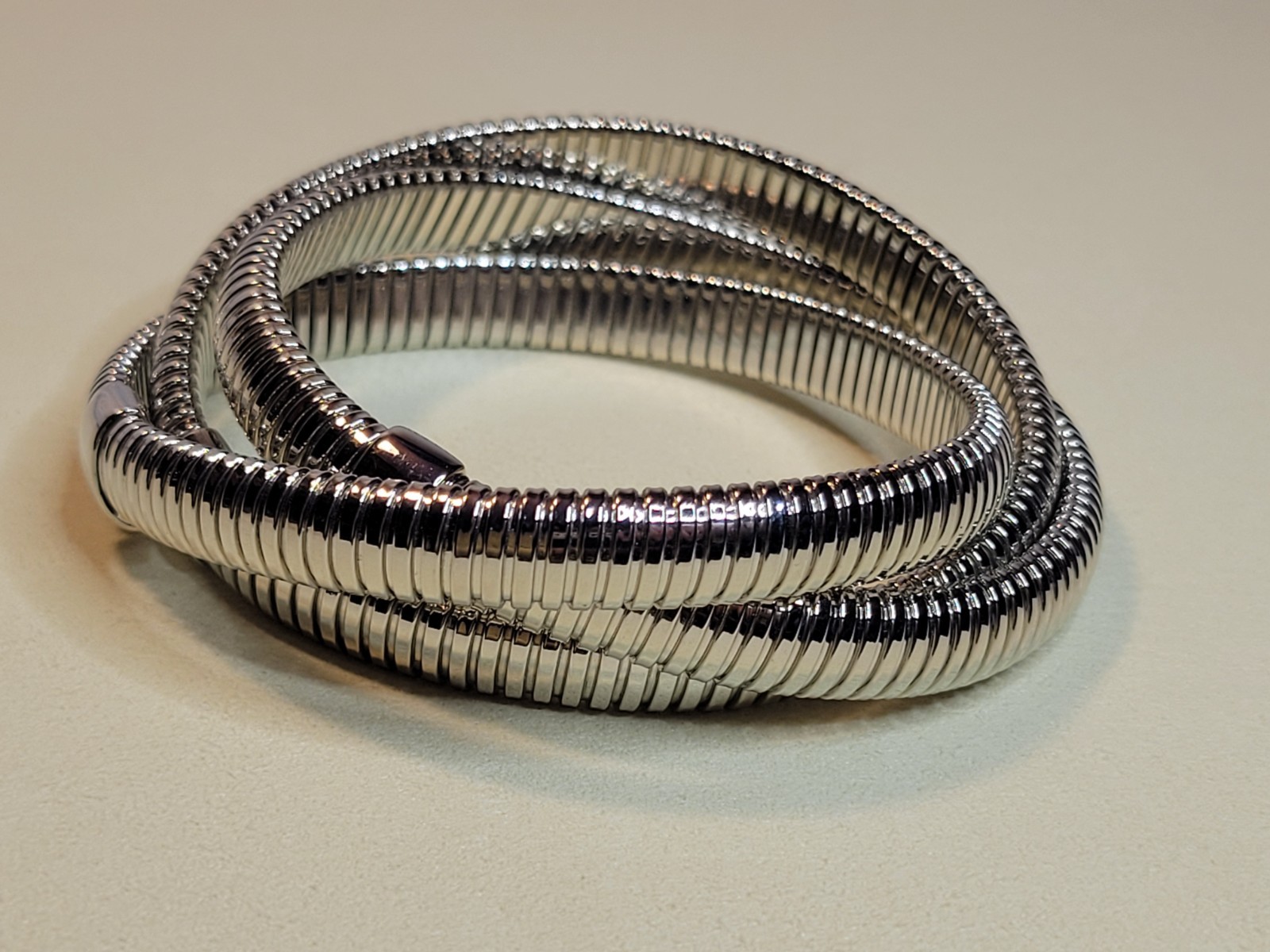 David Markstein Silvertone Three Strand Slip On Tubogas 8″ Stretch Bracelet