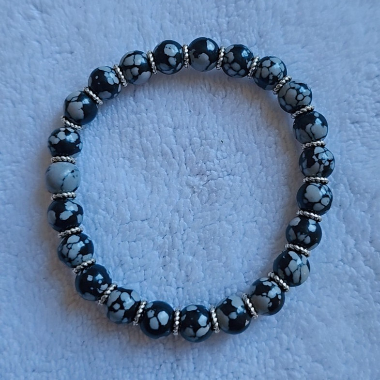 Black & Silver Beaded Stretch Bracelet, Round Beads, Slip-On Ball/Bead Chain