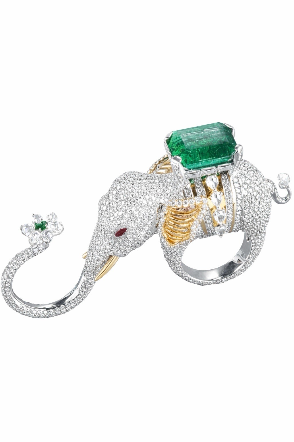 Iconic Elephant 3 Finger Ring Emerald Ruby Austrian Crystals Platinum Plated