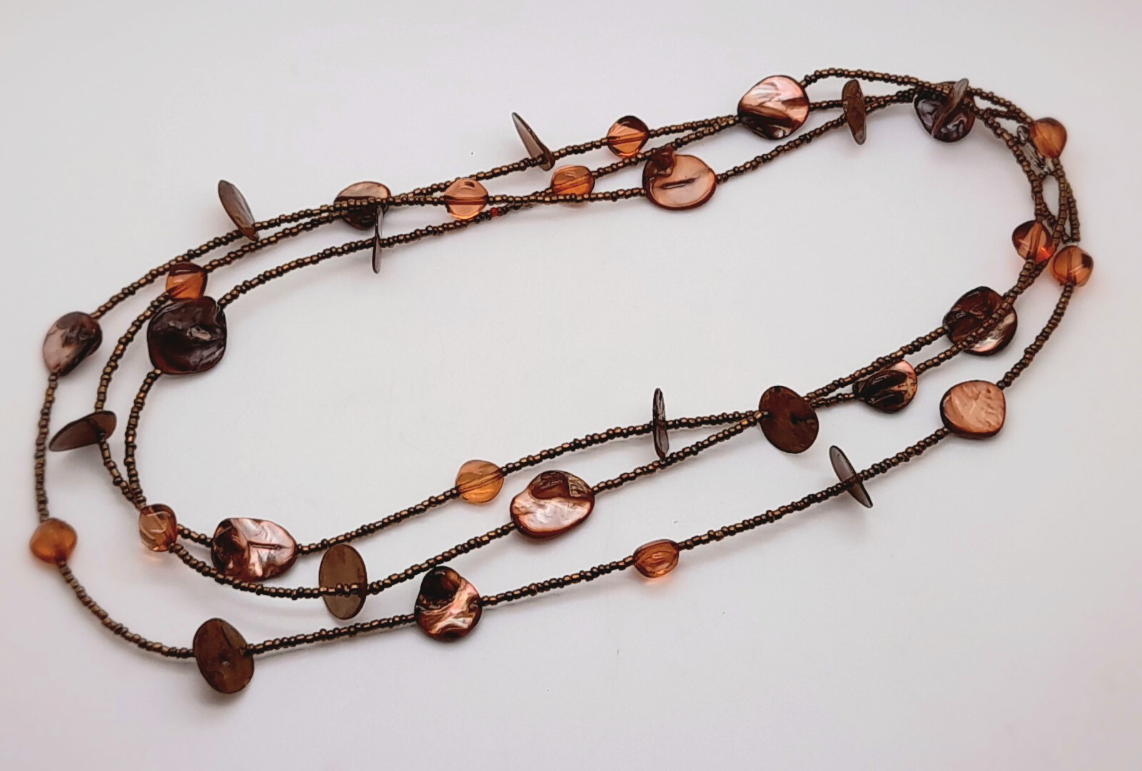 Fashion brown color Shell & seed Beaded Unique Designer 60 inch long Necklace