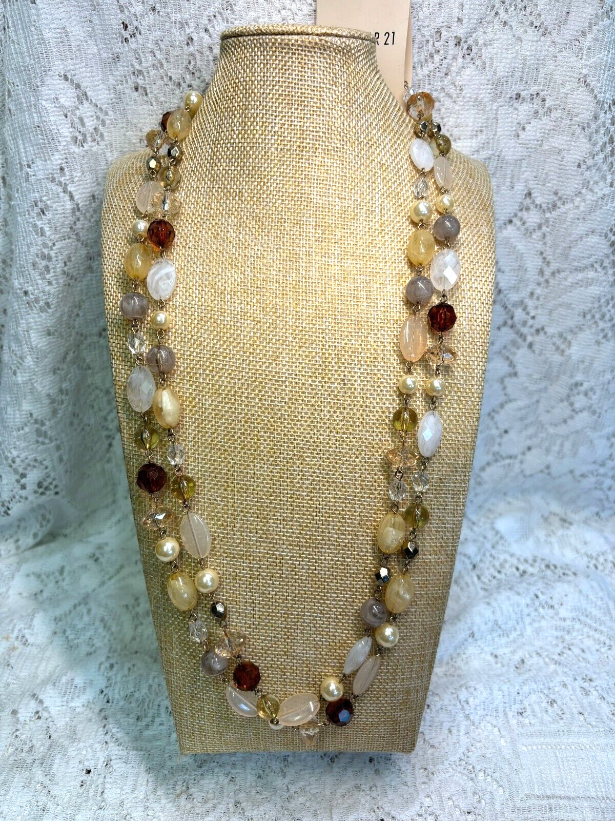 NWT~ FOREVER 21 PEACH BROWN & CREAM BEAD NECKLACE ~APPROX. 62″ L