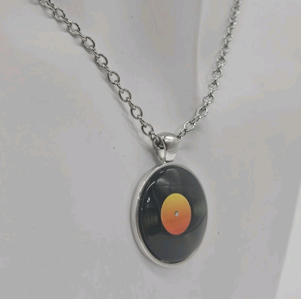 Music Record Pendant Necklace – Music Themed Jewelry – Silver Tone Disc & Chain
