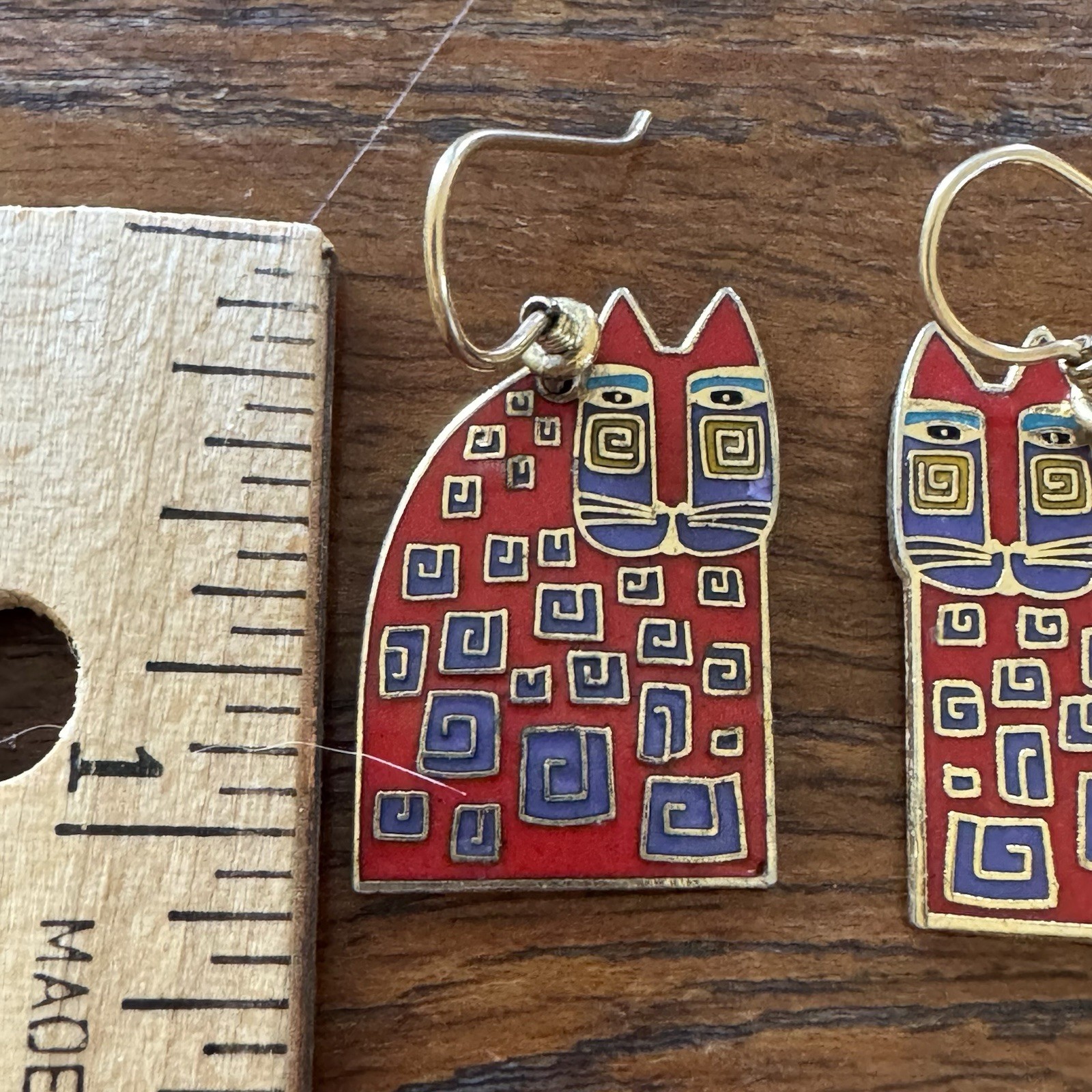 Vintage Laurel Burch Red Cat Cloisonne Enamel Dangle Earrings Rare French Wire
