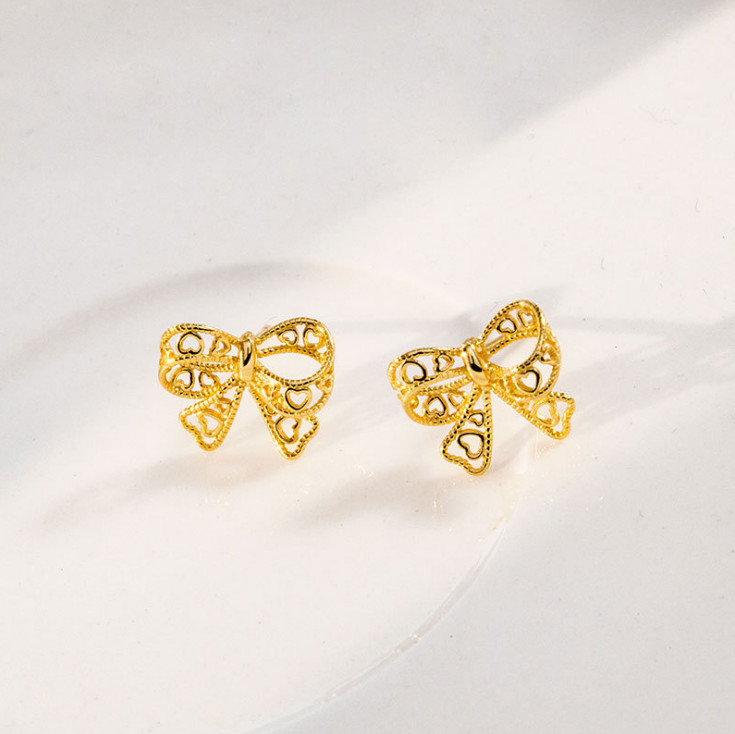 Sterling Silver 925 Hollow Butterfly Knot Stud Earrings Women 13mm Gift Box I44