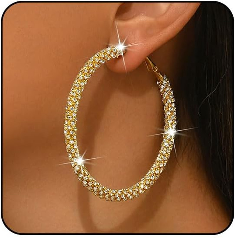 Big Hoop Earrings for Women 30Mm 40Mm 50Mm 60Mm 70Mm Rhinestone Silver Hoops Spa