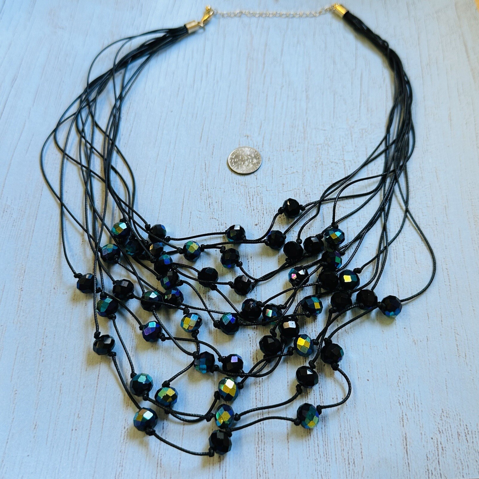 Black Multistrand Cord Black Green AB Bead Bib Necklace 18-26 In