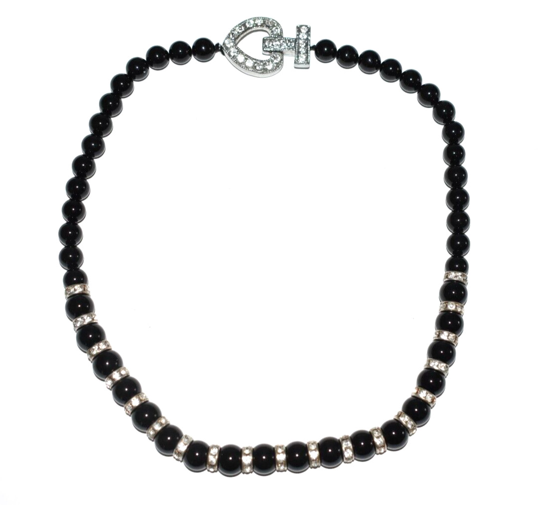 Onyx Stone Beaded Necklace Rhinestone Rondelle Beads Heart Magnetic Clasp