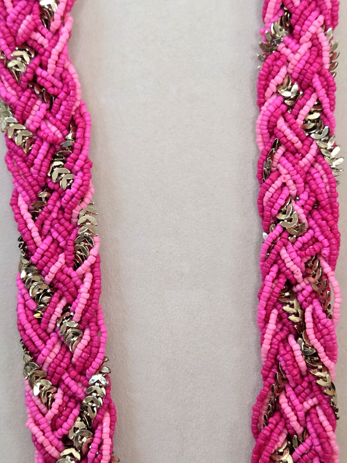 Pink / Fuchsia & Fishbone Link Braided Bead Necklace in Goldtone-Adj. 19-22 In.