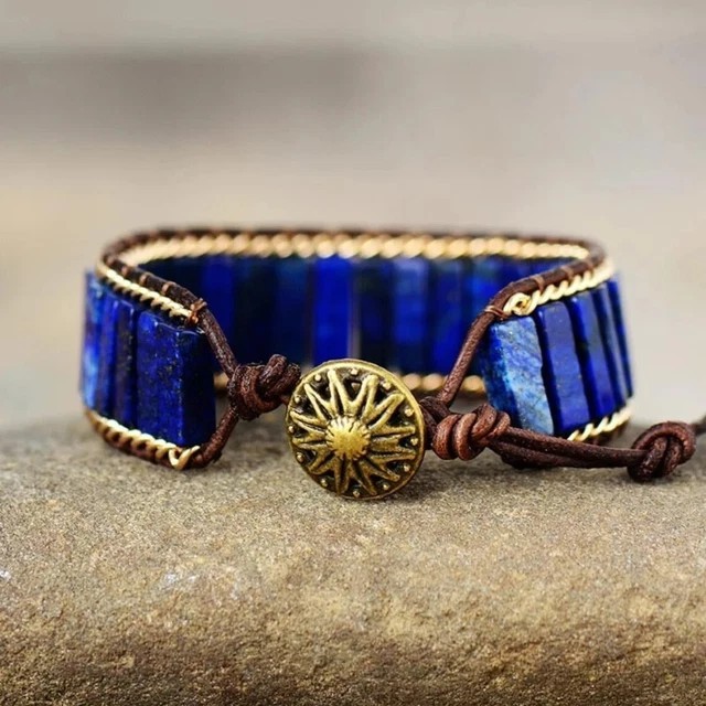 Natural Wide Lapis lazuli Beads Healing Chakra Blue Gemstone Warp Bracelet