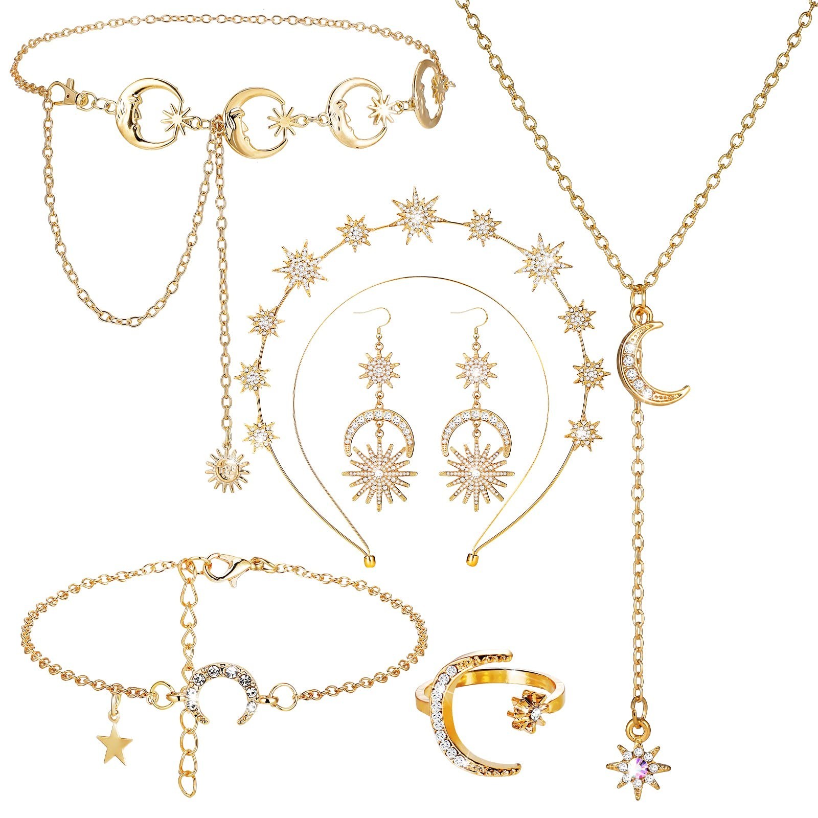 6 Pcs Celestial Jewelry Set – Crown, Moon, Star Headband, Earrings, Tiara for We