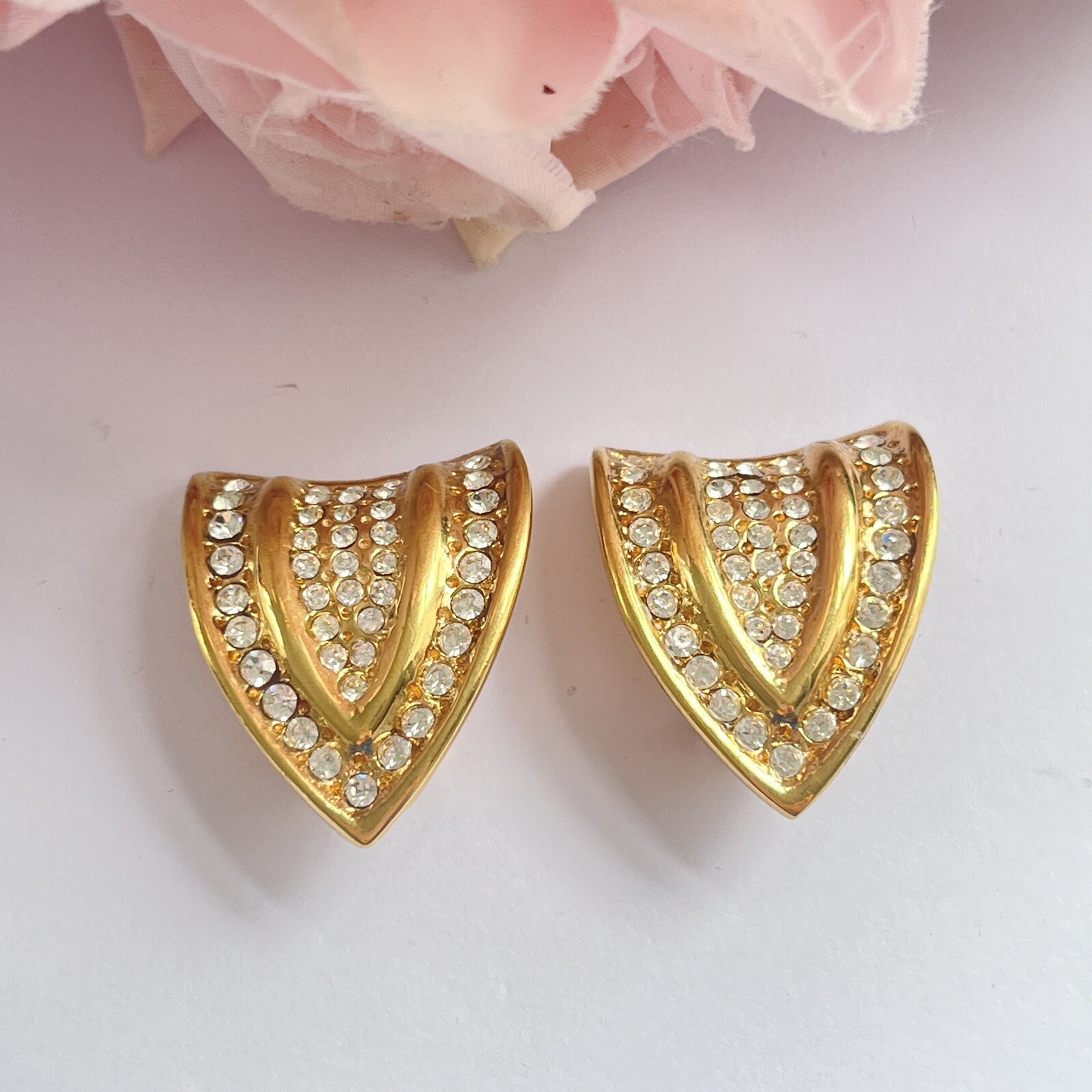 Vintage Bijoux Cascio Sparkly Diamanté Clip On Gold Plated Earrings