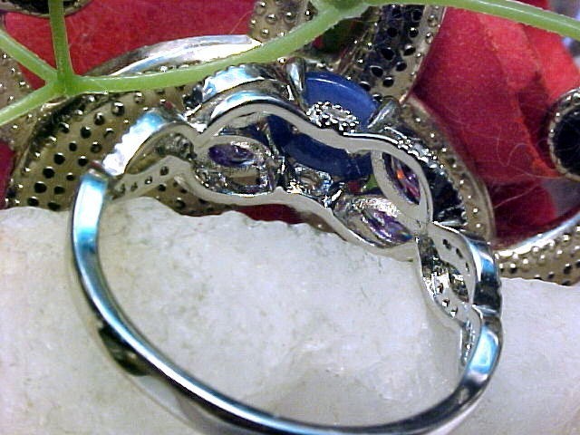 Blue Star Sapphire Ring 8X6mm & Amethyst & White Topaz 925 Sz 10.25