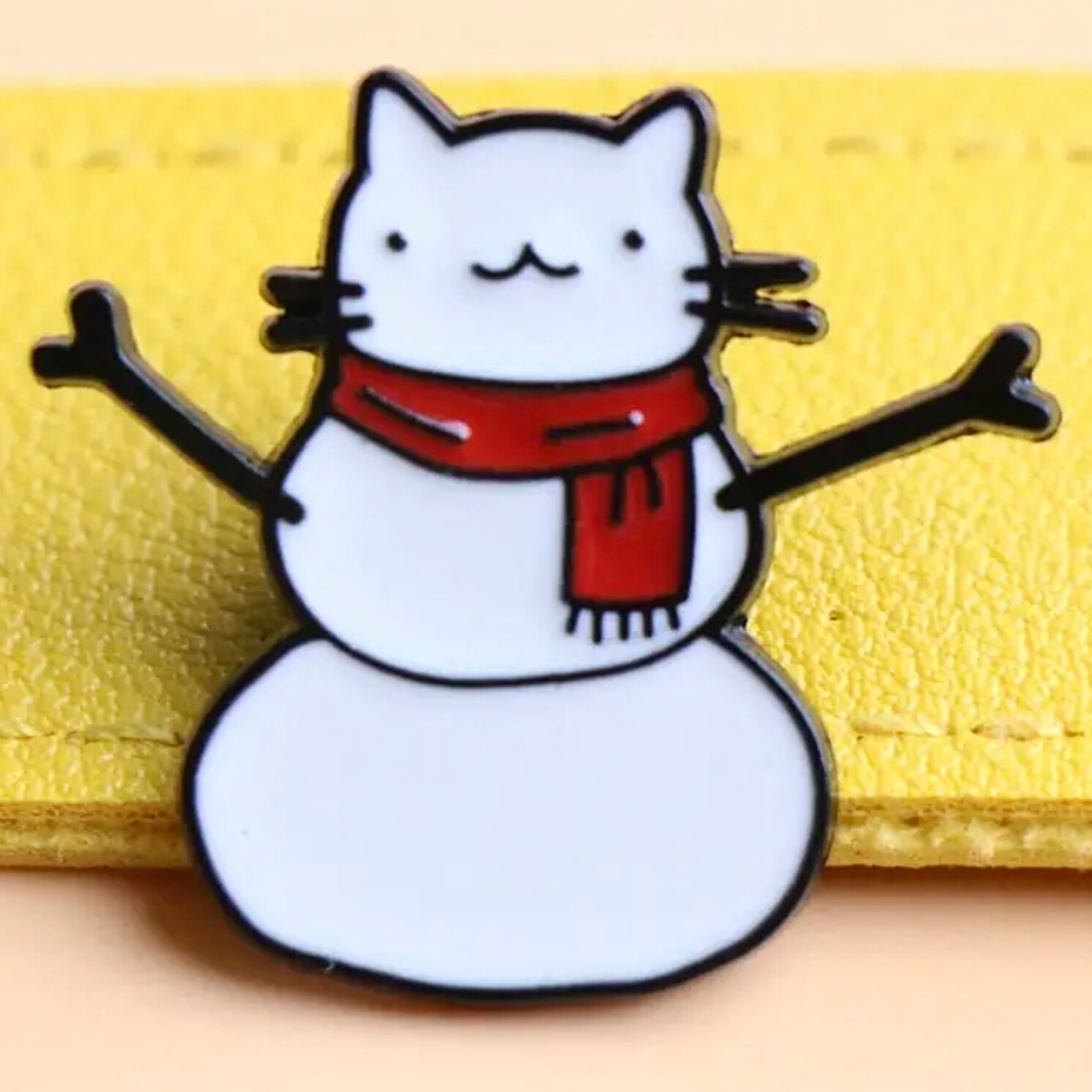 Happy Cartoon Snowcat w/ Cheery Red Scarf. Enamel on zinc alloy metal, Pin.