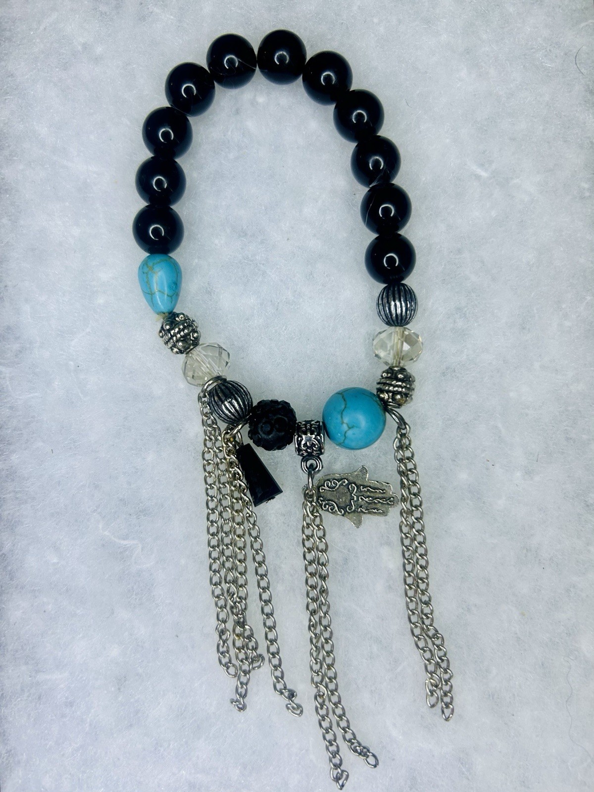 Beaded Turquoise Charm Bracelet Black Blue Silver Hamsa Evil Eye Dangle