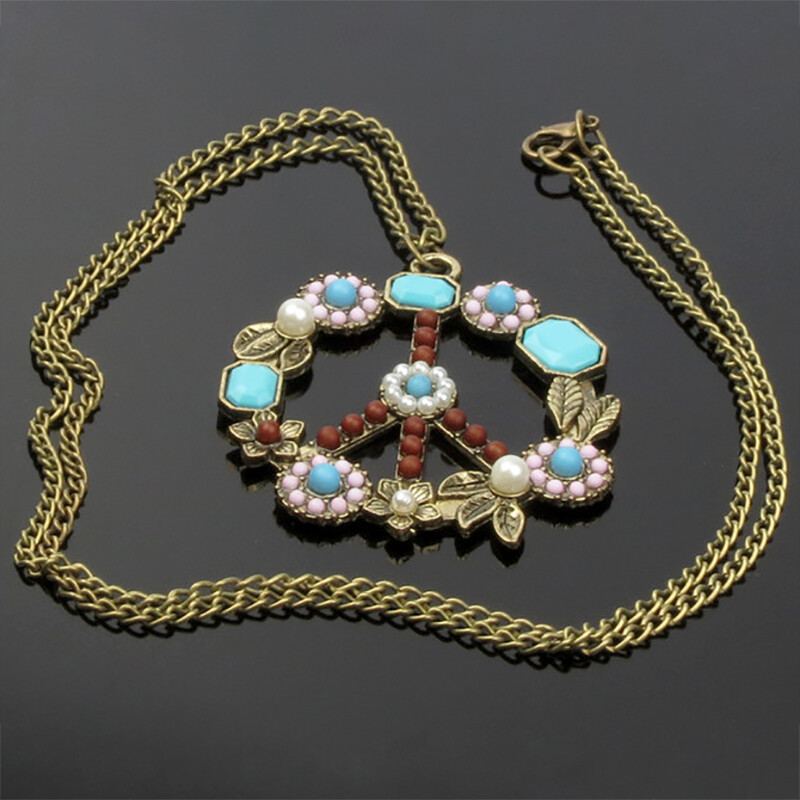 Vintage Long Statement Choker Necklace with Antiwar Peace Sign Pendant