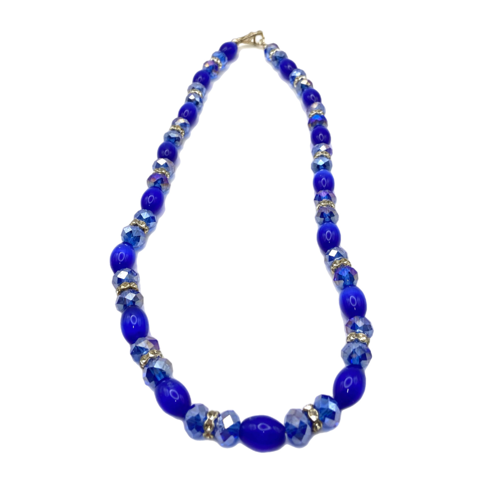Cobalt Blue Faceted Crystal Glass Rhinestone Accents Choker Beaded Necklace 21″