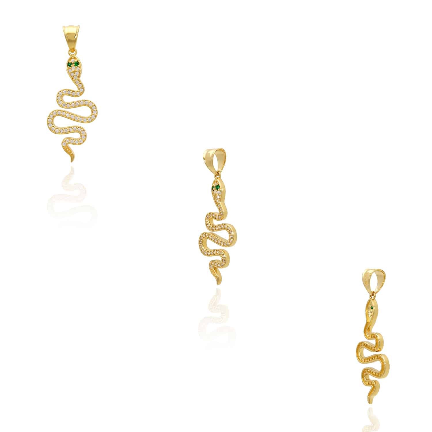 14K Yellow Gold Simulated Diamond And Emerald Snake Charm Pendant