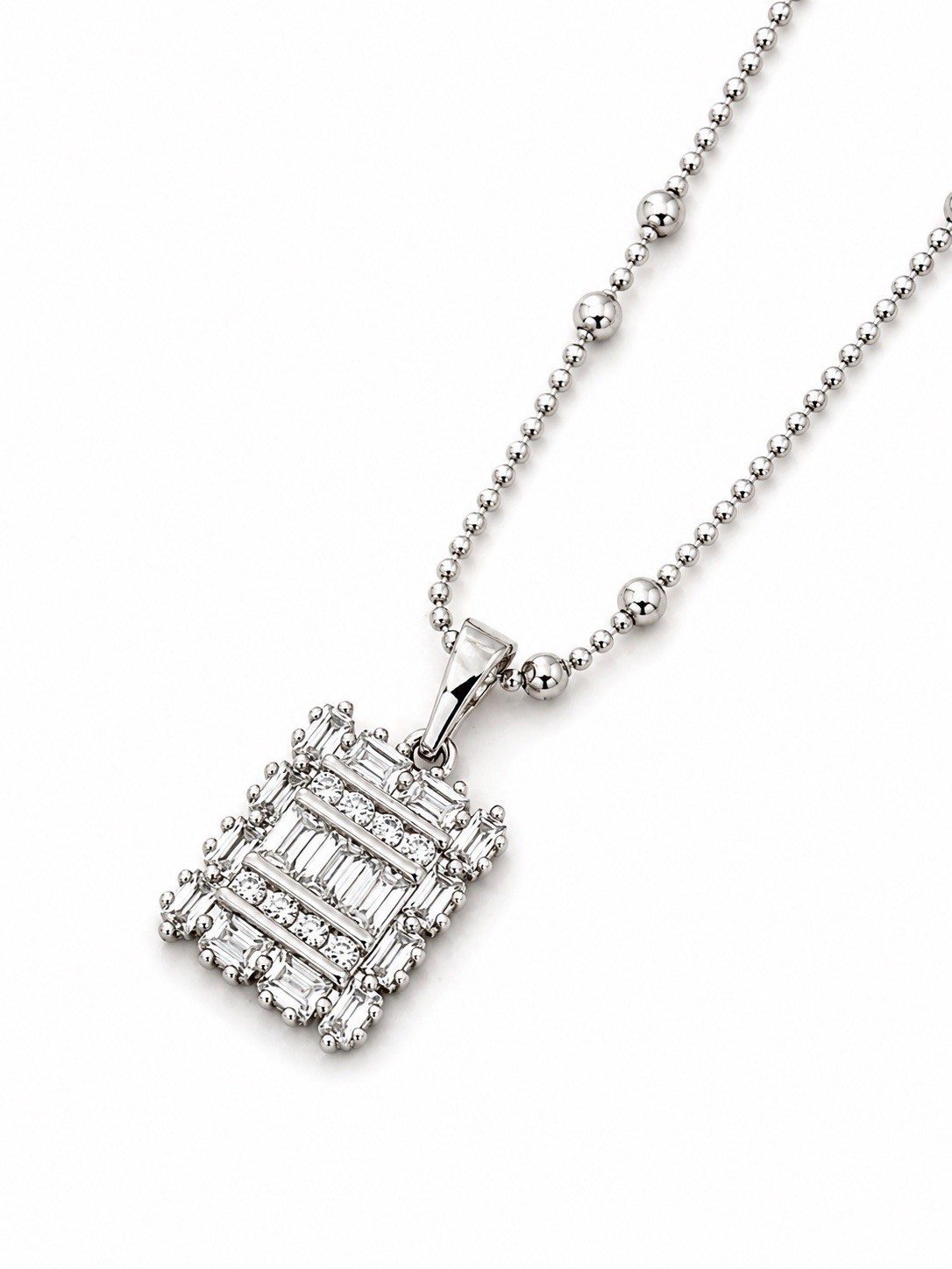 Platinum Plated Rhodium Baguette CZ Bead Ball Chain Necklace Water Resistant