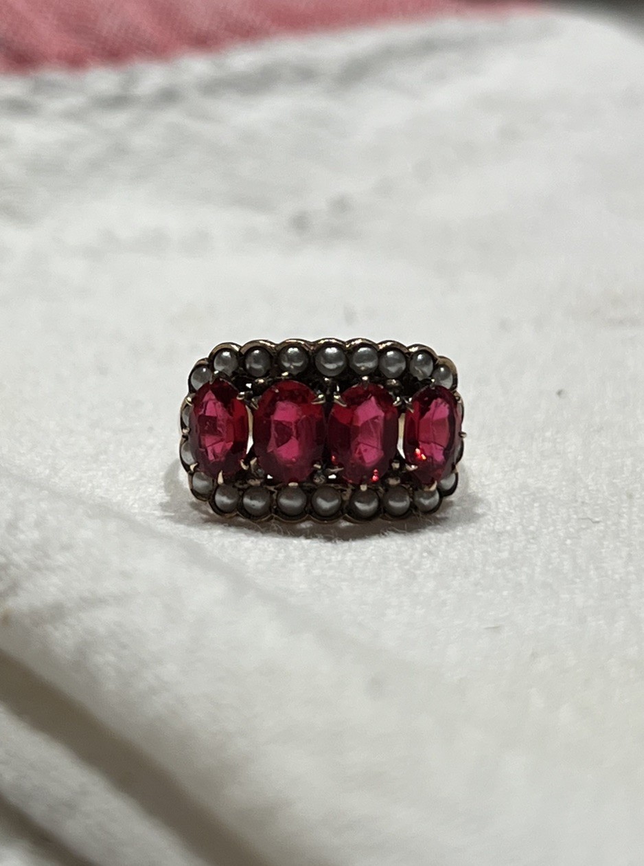 Vintage Rubellite Ring With Seed Pearls, Gold, Size 7 but can adjust (pictured)