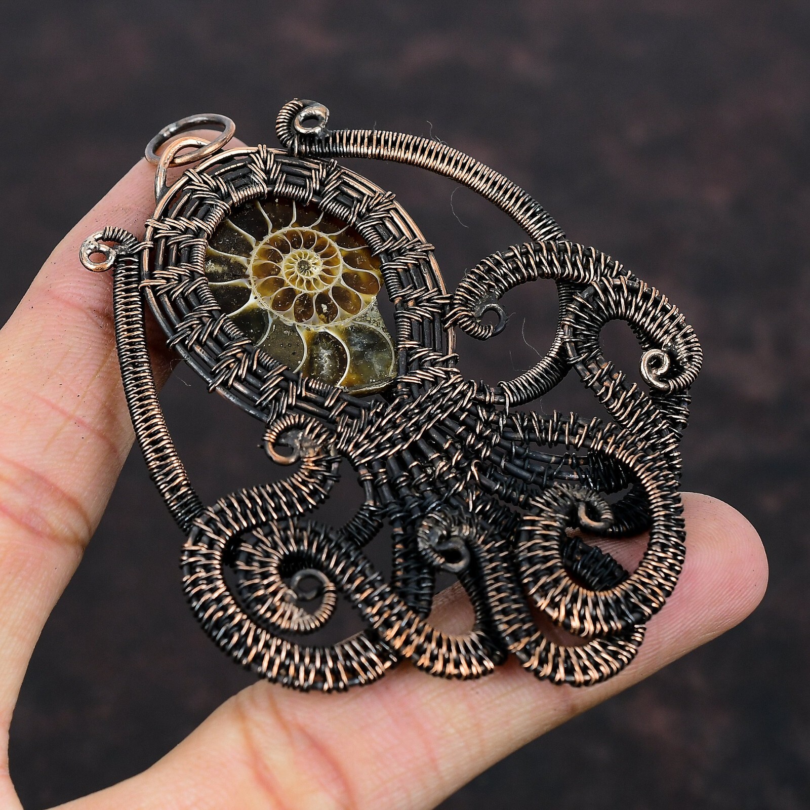 Ammonite Fossil Copper Bestie Gift Wire Wrapped Octopus Pendant 3.23″